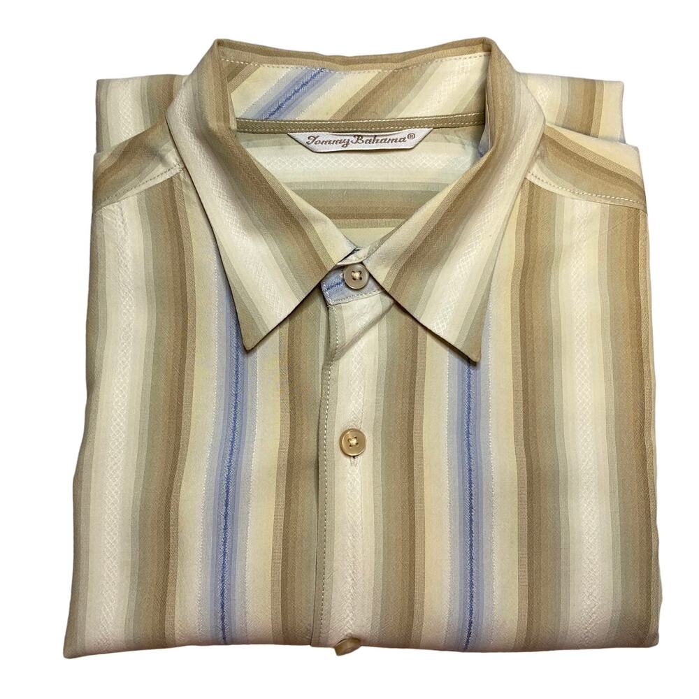 Tommy Bahama Striped 100% Silk Button Up Shirt Men Sz L Long Sleeve Dress Casual
